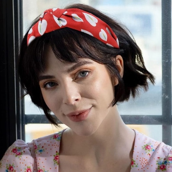 Red & White Leaf Pattern Top Knot Headband - Picture 9 of 13